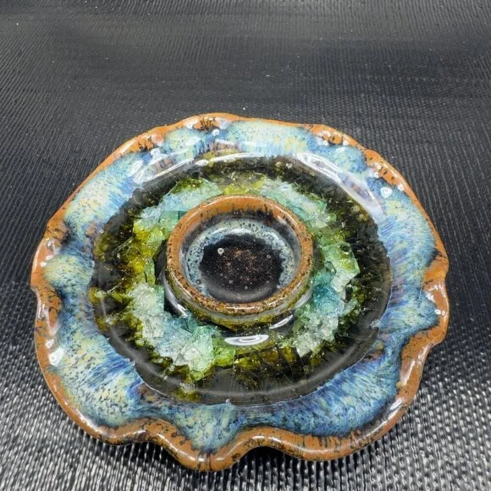 Crystalline Glaze Pottery Ruffle Edge Trinket Dish Tea Light‎ Holder Votive USA